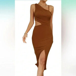 One Shoulder Ruched Cut Out Split Slit Sleeveless Bodycon Tank Midi Dress NWOT